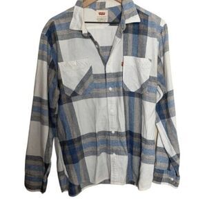 Men’s White and Blue Button Front Plaid Levi’s Flannel Top - Large